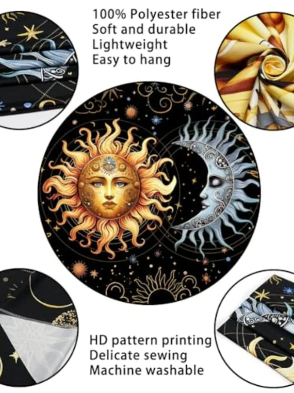 BRAND NEW Sun and Moon Tapestry Boho Black Golden Tapestries 59.1